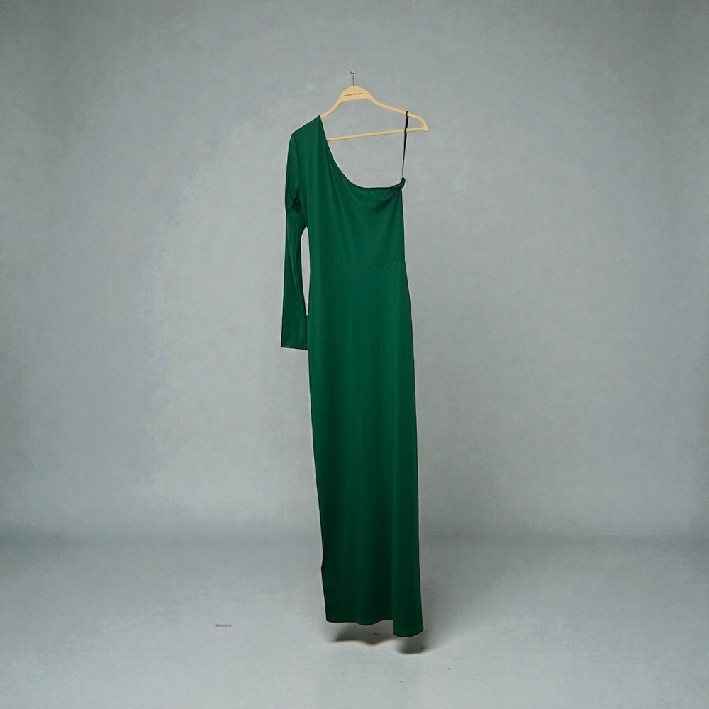 MakeMeChic Green‎ One Shoulder Long Sleeve Maxi Dress High Slit Evening Gown NWT